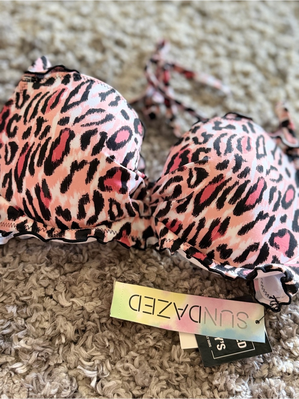 Macy's Pink and Black Leopard Print Bikini Top